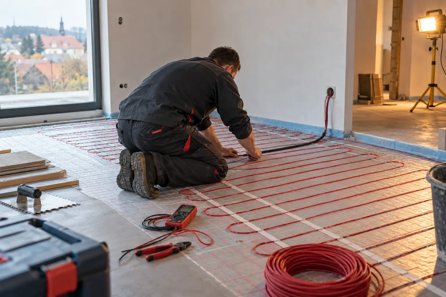 Technik pokládá topný kabel elektrického podlahového vytápění